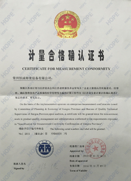 La Chine SMARTWEIGH INSTRUMENT CO.,LTD Certifications
